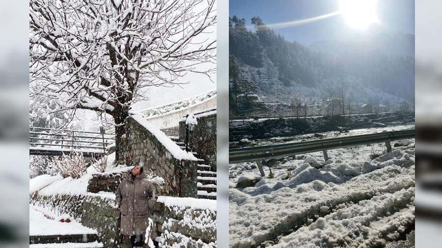 (Left) Euphoria on the first day of snowfall experienced in Manali; (Right) The River Beas as seen from the frozen highway and there’s snow on the river bed too
