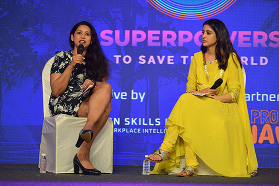 Charu Noheria, co-founder and COO of Practically in discussion with Navya Nanda of Project Naveli and Aara Health at UNYCC 2022 in Mumbai.   