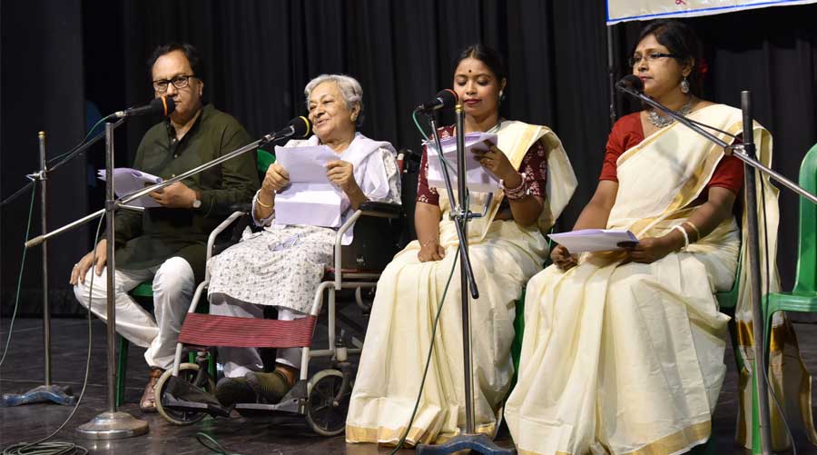 (From left) Robin Majumdar, Swati Gangopadhyay, Tandra Naskar and Mousumi Adak take part in an audio play on Monday