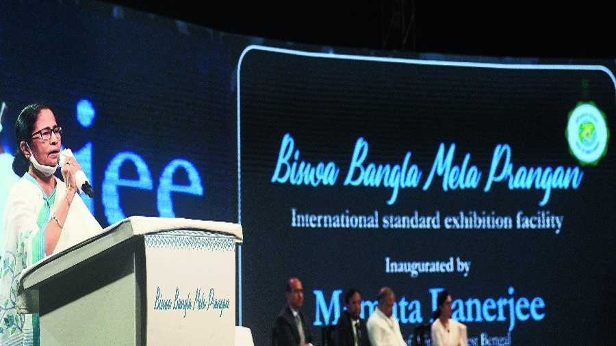 Mamata Banerjee during the inauguration of the Biswa Bangla Mela Prangan in Calcutta on Monday.