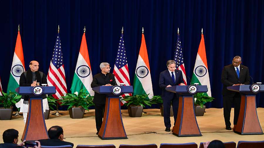 Defense Minister Rajnath Singh, External Affairs Minister S. Jaishankar, U.S. Secretary of State Antony Blinken and U.S. Defense Secretary Lloyd Austin speak during a news conference during the fourth U.S.-India 2+2 Ministerial Dialogue at the State Department, in Washington.
