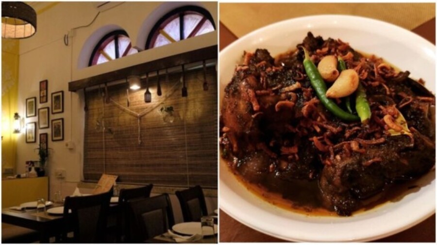 A glimpse of Himur Heshel’s interiors and (right) Chittagong-style mutton kala bhuna that’s made with 17 spices