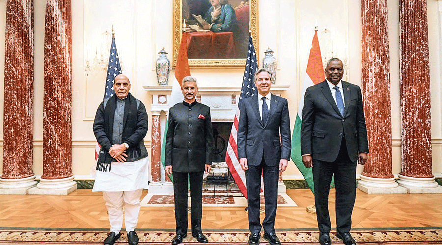 (From left) Rajnath Singh, S Jaishankar, Antony Blinken  and Lloyd Austin in Washington.