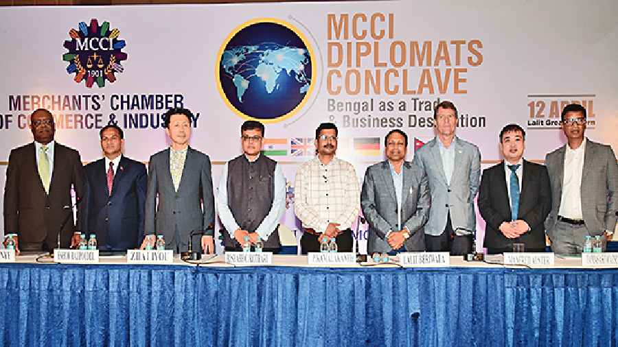 Delegates from partner nations and other officials at the MCCI Diplomats Conclave in Calcutta on Tuesday.