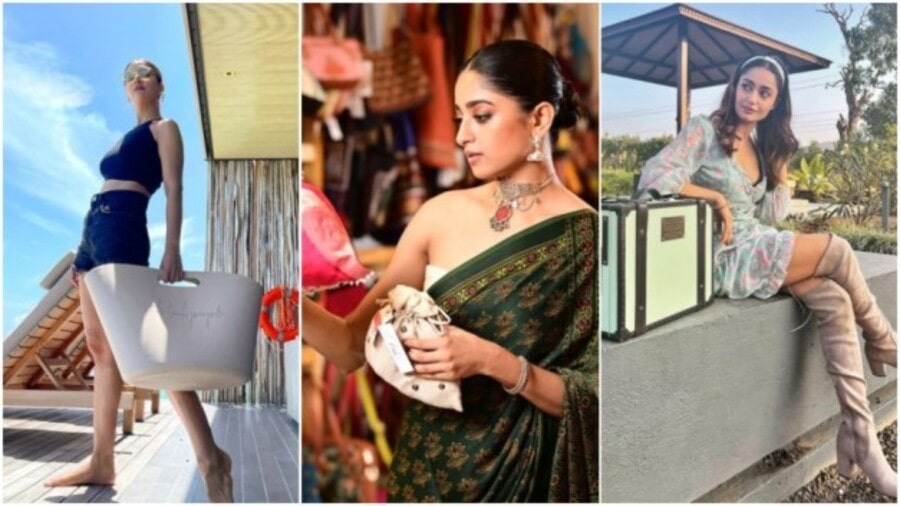 Rukmini carries an oversized tote, Ishaa browsing bags and Tridha with a travel case from Nappa Dori