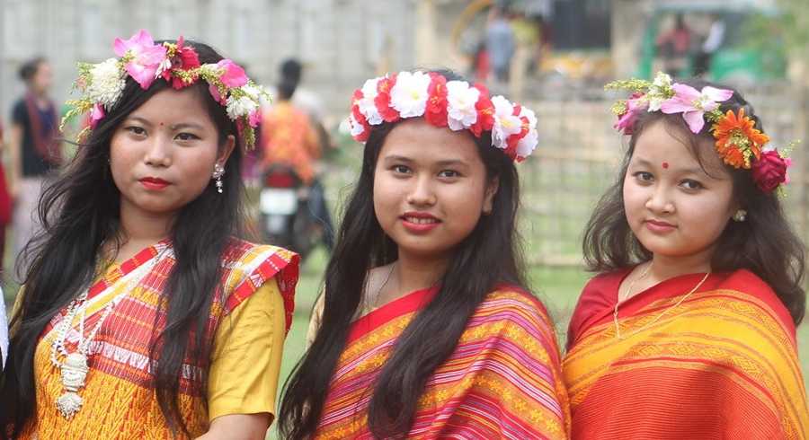 Tripura tribal girls in their ethnic attires.
