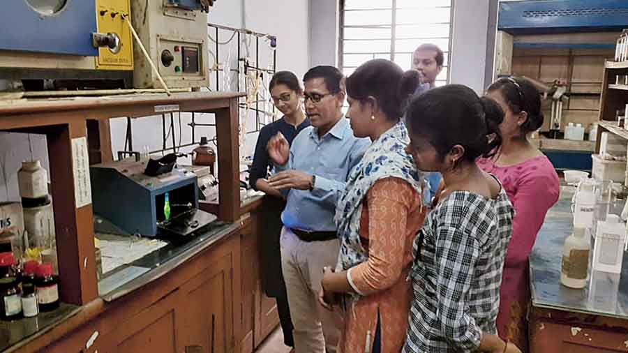Mahammad Ali with his students at a Jadavpur University lab on Wednesday. 