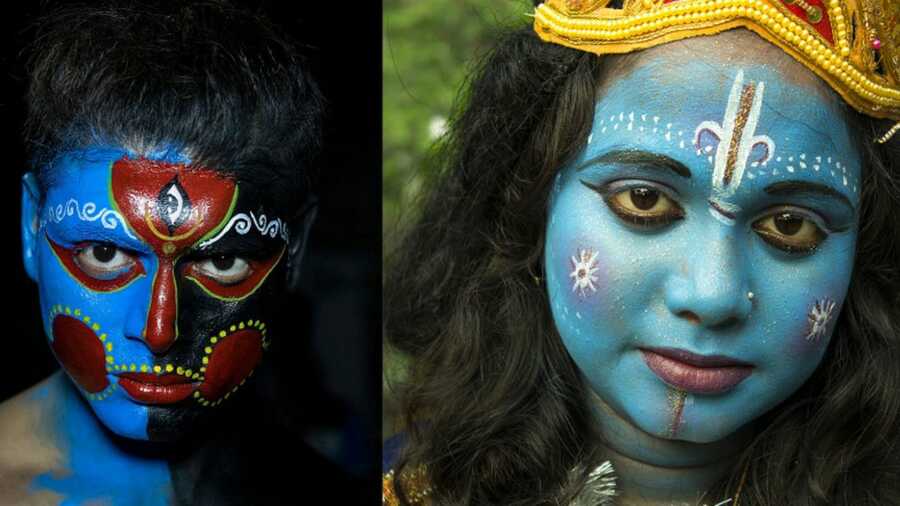 Devotees paint their faces to dress as gods and mythological characters and sing songs known as ‘Gajaner gaan’