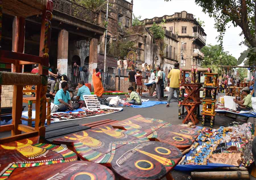 Handicrafts on sale at a Gajan Mela on Beadon Street on the occasion of Charak on Thursday