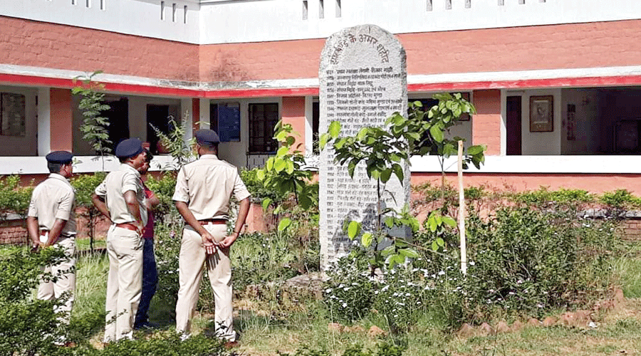 A stone slab dedicated to tribal martyrs at Bagaicha in Ranchi. Father Stan Swamy’s name has been written on it.