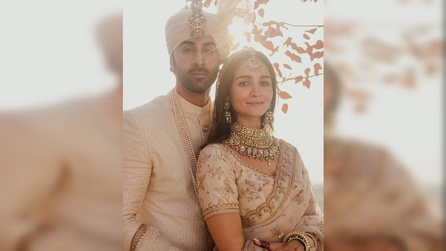 ROYAL REGALIA:  Dressed in gold and ivory, Ranbir Kapoor and Alia Bhatt looked ethereal at their wedding at their home Vastu on Thursday. Dressed by Sabyasachi Mukherjee — the go-to man for almost every celebrity wedding — Alia looked radiant in a hand-dyed ivory organza sari embroidered with fine tilla work and an embroidered handwoven tissue veil. She paired it with Sabyasachi Heritage Jewellery featuring uncut diamonds and hand-strung pearls. Ranbir complemented his bride in an embroidered silk sherwani with Sabyasachi uncut diamond buttons, a silk organza safa and shawl with zari marori embroidery. The kilangi by Sabyasachi Heritage Jewellery featured uncut diamonds, emeralds and pearls and a multistrand pearl necklace.