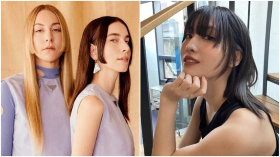 Hime cut: Also known as the princess-cut, this unconventional do is the easiest way to look like Yumeko from Kakegurui. The high-low cut features cheek-length side layers with longer strands at the back. The Haim sisters explored this styling at the 2021 Grammys, while K-pop band Twice's Momo Hirai (right) picked a more wearable version of this cut.