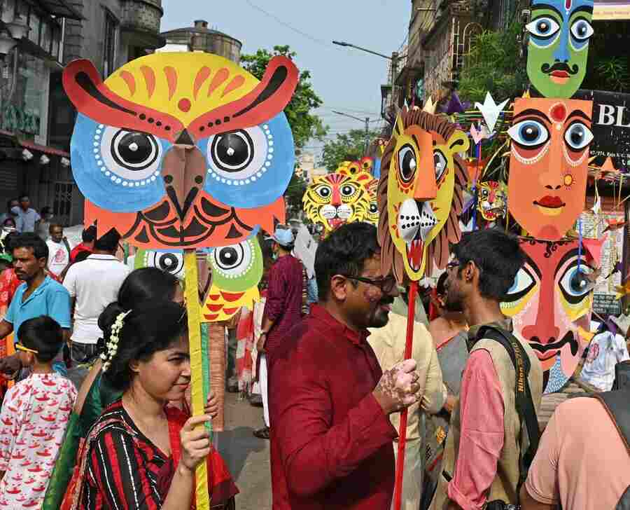 Revellers celebrate the Bengali New Year at a procession in the city on Friday