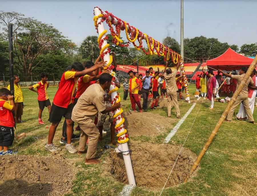 WORSHIPPING THE GAME: East Bengal players take part in the ‘Bar Puja’ ceremony on the occasion of Poila Baisakh to mark the beginning of a new football season on Friday, April 15. Worshipping the ground, the ball and the goalposts on the first day of the Bengali calendar is a tradition observed across Bengal for decades