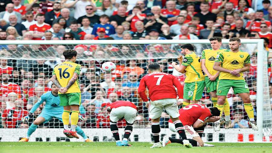 Cristiano Ronaldo of Manchester United  completes his hat-trick against Norwich City on Saturday.
