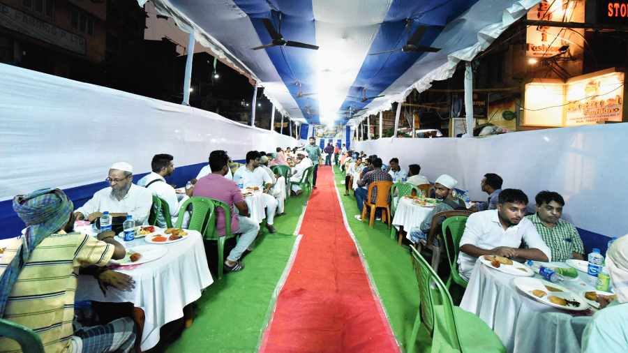 The iftar hosted on Tarachand Dutta Street, near Nakhoda mosque, on Friday. 