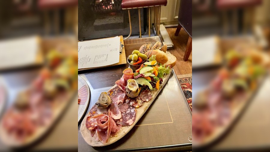 A plate of local charcuterie from Capreolus served at The Acorn Inn pub in Evershot