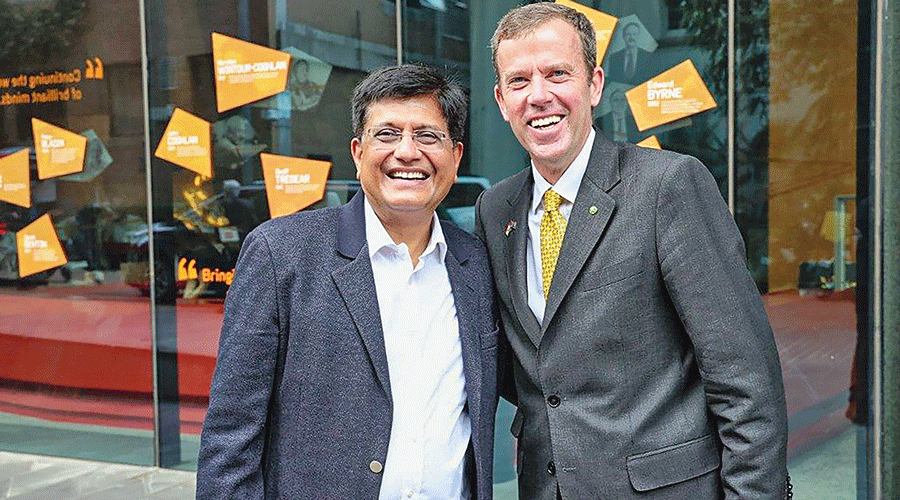 A picture tweeted by Union commerce and industry minister Piyush Goyal on April 6 shows him with his Australian counterpart  Dan Tehan Wannon at  the Australia India Institute, the University of  Melbourne.