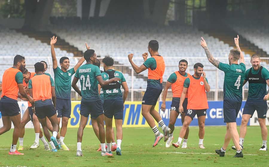 ATK Mohun Bagan players during a practice session in the city on Monday. The club will face Abahani Dhaka at the preliminary stage of the AFC Cup on Tuesday