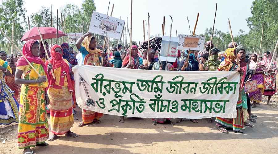Tribal people protest against the scheduled government programme in Dewanganj village  in  Birbhum on Monday.