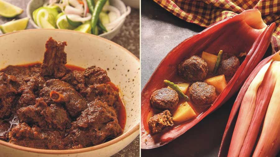 Kosha Mangsho (L) and Mochar Kofta. ‘I used to talk to my dad about business and mum would only talk about food. They would come to the airport to pick me up when I came home from college and my dad would ask me to tell her to make Kosha Mangsho and she always would, even if the ingredients weren’t available,’ laughed Killick