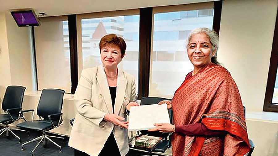 Nirmala Sitharaman with IMF managing director  K. Georgieva in Washington on Tuesday