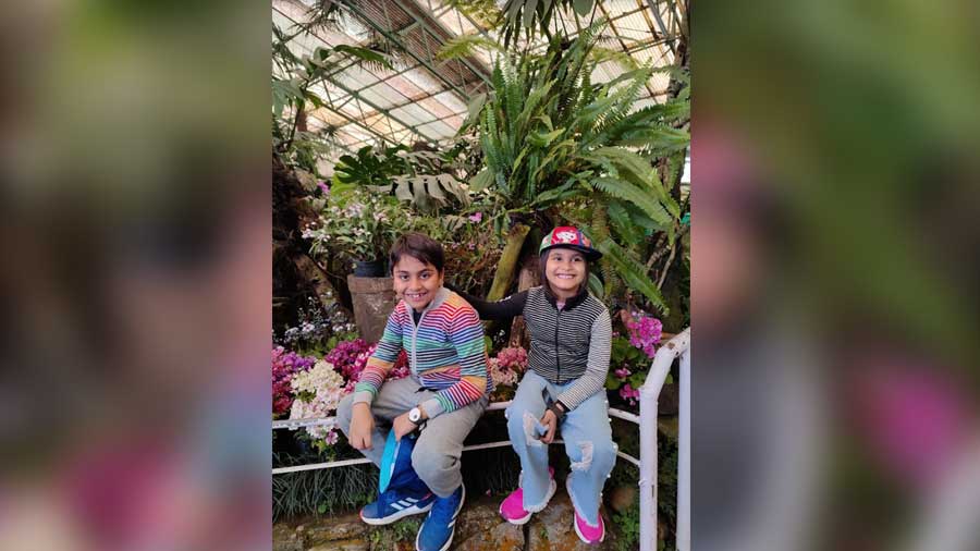The twins at the Flower Exhibition Centre in Gangtok