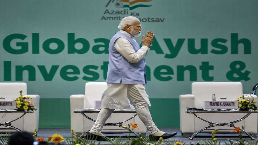 Prime Minister Narendra Modi during the Global Ayush Investment and Innovation Summit, at Mahatma Mandir, in Gandhinagar