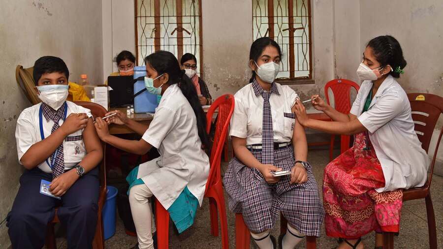 Students aged between 12 and 14 years receive Corbevax vaccine shots in the first week of April, in a south Kolkata school