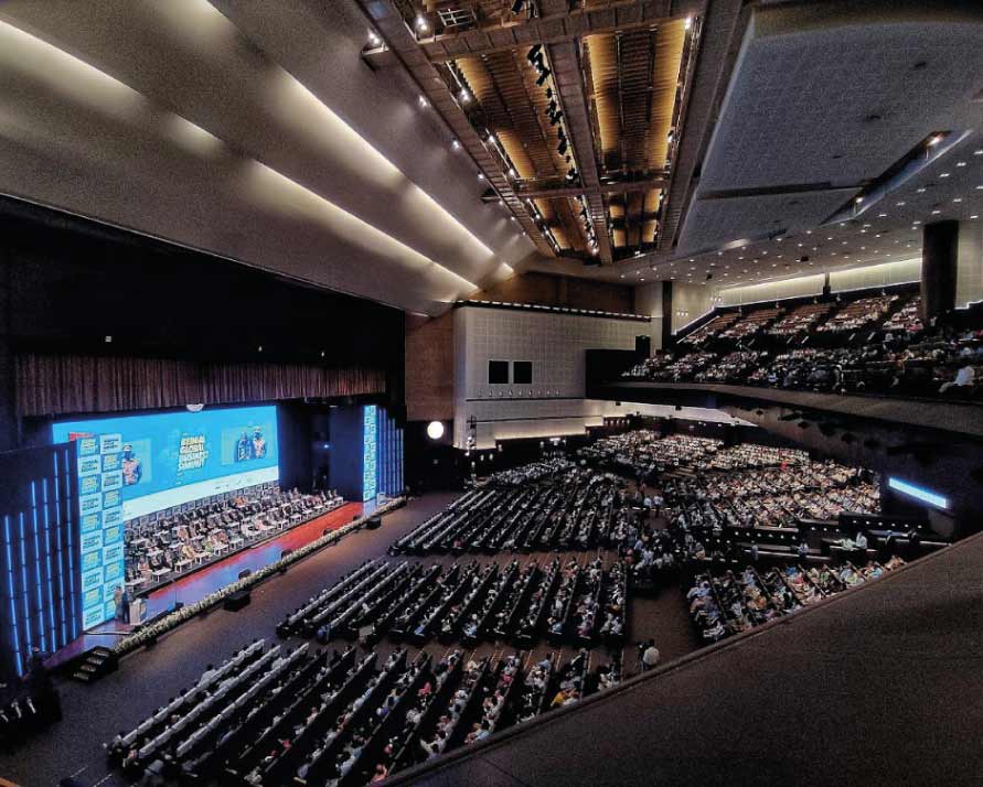 A top-angle view of the cavernous Biswa Bangla Convention Centre during the summit. 