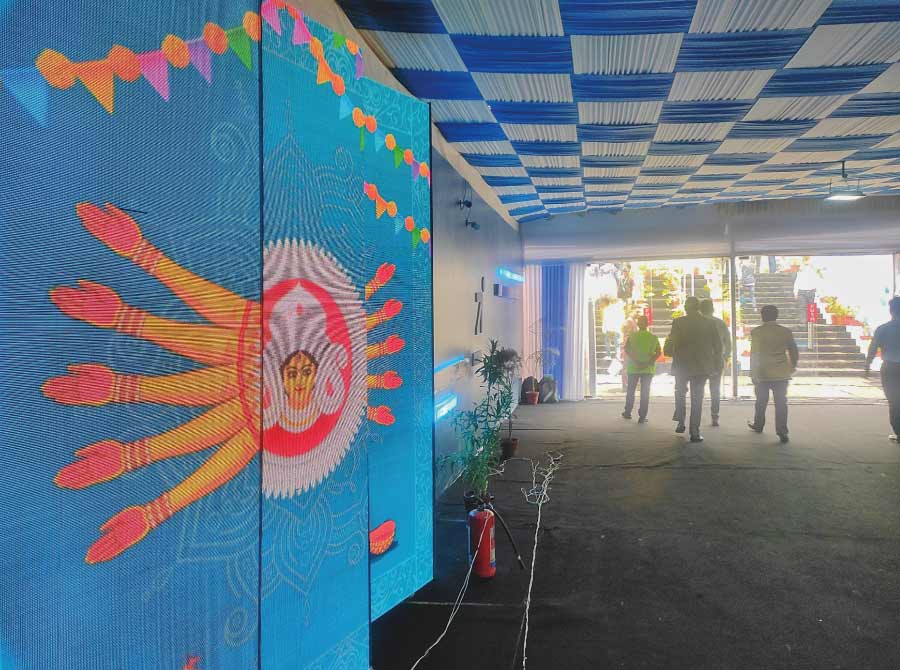 An LED projector displays the image of goddess Durga at the summit venue on Wednesday. Recently, Durga Puja in Kolkata was ‘inscribed on Unesco’s Representative List of Intangible Cultural Heritage of Humanity’, a tag that formally takes the city’s much loved carnival to the global stage. 
