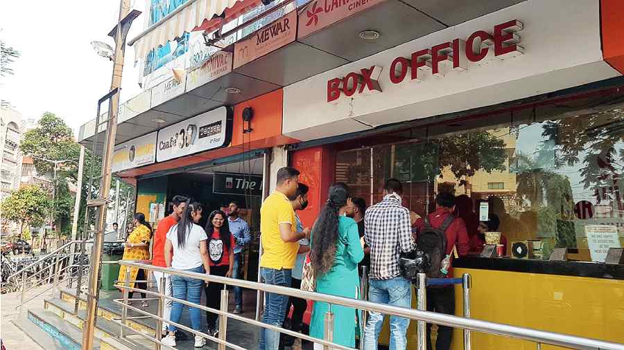 Movie-goers line up for tickets outside Carnival Cinemas on Poila Baisakh
