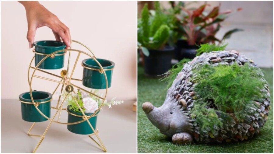 A planter Ferris wheel stand by Nestasia (L) and a hedgehog plant holder by Mora Taara