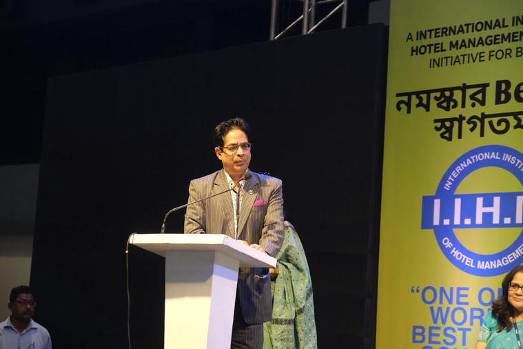 Dr Suborno Bose, chairman and chief mentor at IIHM, delivers the introductory address at the inauguration ceremony on April 22 at the newly-revamped Biswa Bangla Mela Prangan