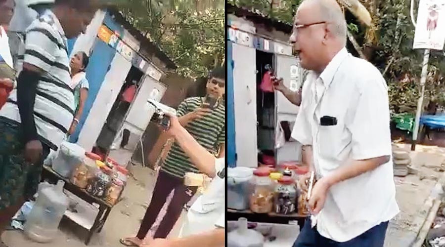 The elderly man seen pointing the gun at the hawker (left); The elderly man seen with the gun