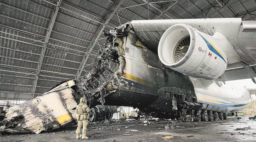 Mriya, the world’s largest  aircraft, after its  destruction  in Hostomel, Ukraine, on April 2. 