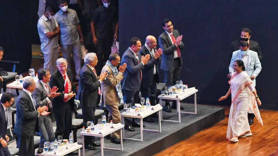 ALL EYES ON BENGAL: Participants greet West Bengal chief minister Mamata Banerjee at the inaugural session of Bengal Global Business Summit at the Biswa Bangla Convention Centre on Wednesday, April 20 