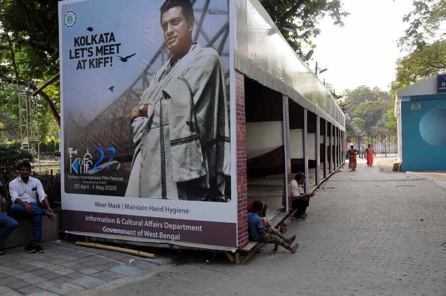 CINEMA PARADISO: A poster of the Kolkata International Film Festival at Nandan featuring Satyajit Ray on Saturday, April 23. The preparation for the upcoming festival is being done on a war footing. KIFF, an annual pilgrimage for cinephiles across the country, will begin on April 25. The festival will continue till May 1