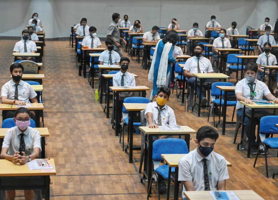 Indian School Certificate Examinations (ICSE) 2022 Semester 2 examinees wait for the test to begin at South City International School on Monday. The second semester of Class X board examinations began today with English Language