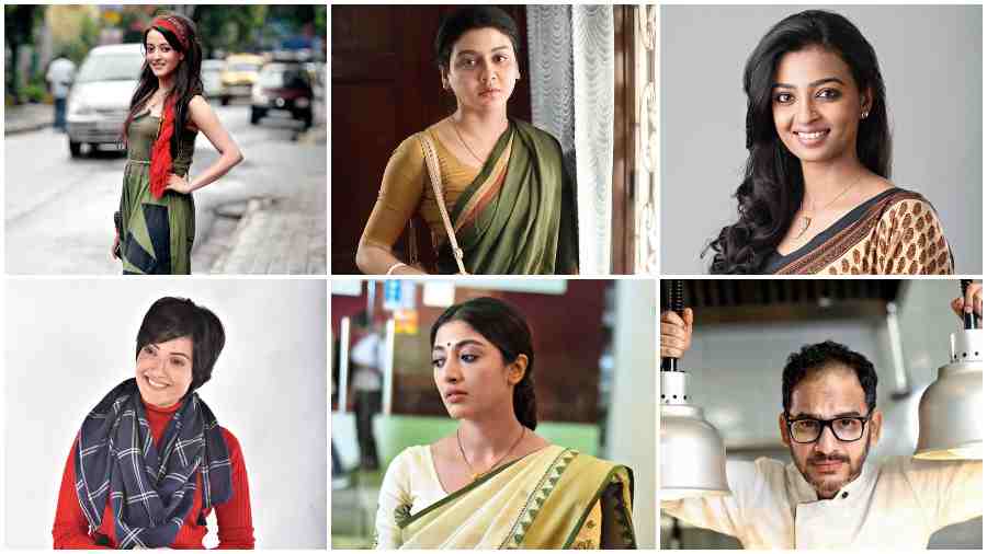 (Clockwise from left top) : Raima Sen in Maach Mishti & More, Jaya Ahsan in Binisutoy, Radhika Apte in Rupkatha Noy, Ritwick Chakraborty in Maacher Jhol, Paoli Dam in Maacher Jhol, Arpita in Abbar Kanchanjangha