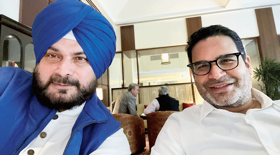 A picture tweeted on Tuesday by former Punjab Congress president Navjot Singh Sidhu shows him with Kishor.