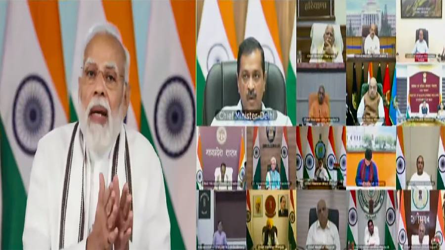 Prime Minister Narendra Modi speaks during his meeting with Chief Ministers regarding the Covid-19 situation across the nation through a video conference, in New Delhi
