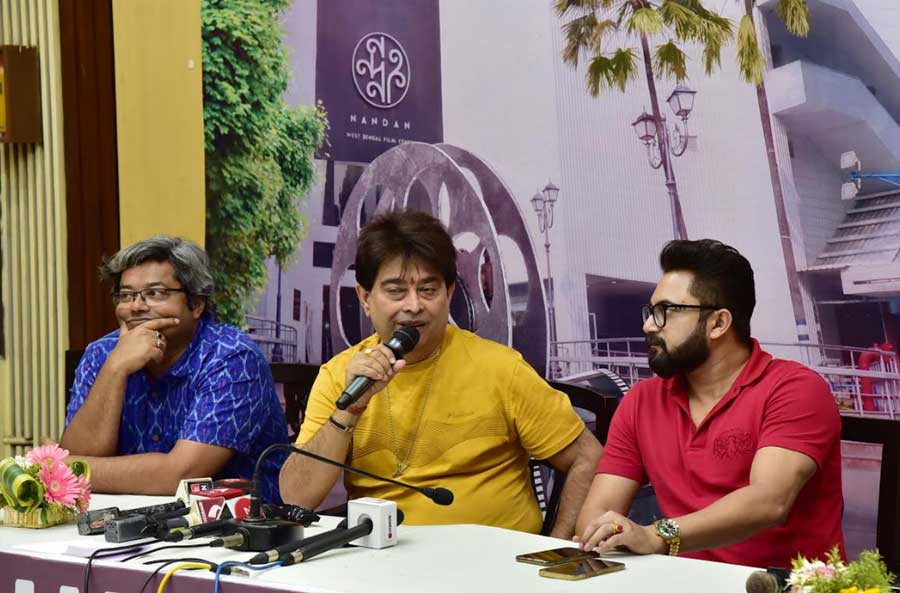 (From left) Director Rajdeep Ghosh, composer Jeet Gannguli and actor Soham Chakraborty talk to the press about their upcoming film ‘Kolkatar Harry’ on Wednesday. The film will hit the theatres on May 6