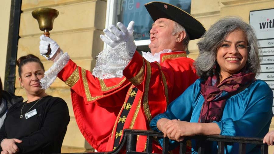 Rima Chatterjee, the mayor of Barnard Castle, UK, with the town crier