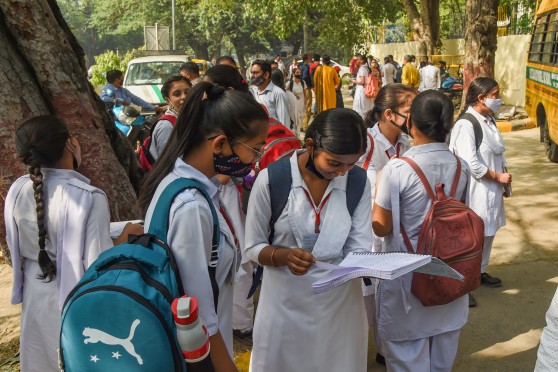 CBSE students outside an exam centre in New Delhi.