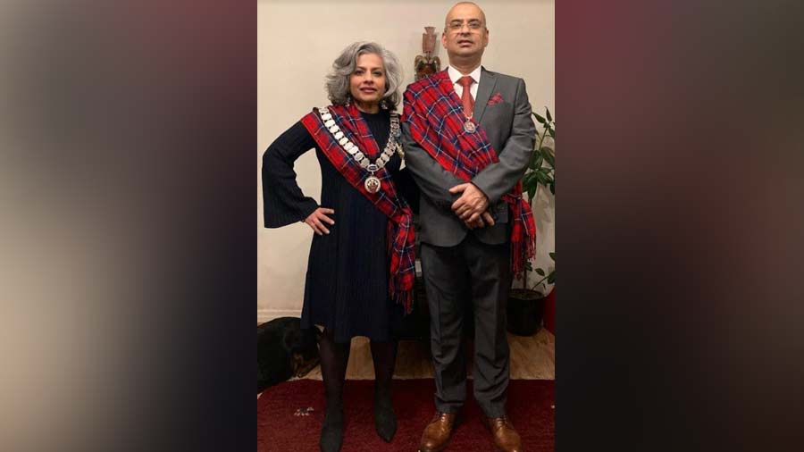 Rima and Roy dressed for Burns Night, a mayoral event