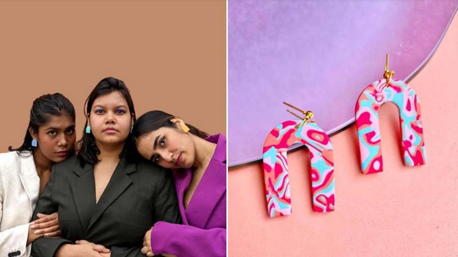 (Left) Kolkata label Auburn by Ruchita offers emotive, monochrome clay pieces and (right) Clayopatra has uplifting hand-painted earrings 
