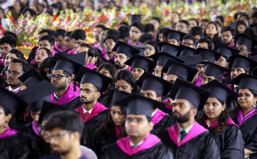 Students dressed in graduation regalia attend the convocation. Mr Ashish Chauhan, managing director and chief executive officer, Bombay Stock Exchange, presided over the ceremony as the chief guest. Mr Chauhan also delivered the convocation address
