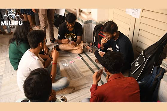 Students playing 29 (card game) in full swing.  