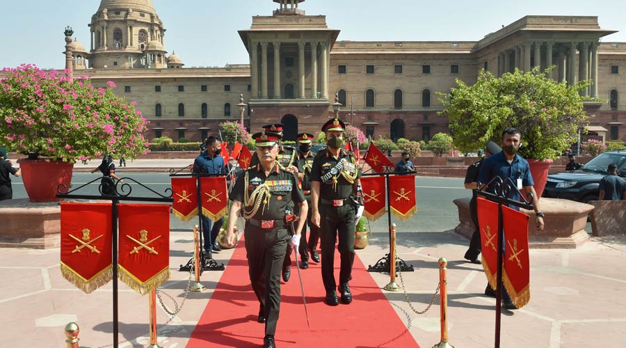 Army Chief General MM Naravane arrives to receive guard of honour at the South Block lawns prior to relinquishing his position as Chief of the Army Staff, in New Delhi on Saturday.